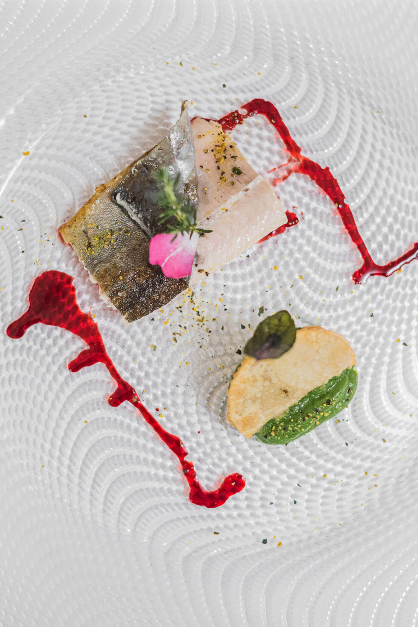 Gourmet-Fisch mit Soßentropfen und Garnierung auf einem weißen, strukturierten Teller, der in einem minimalistischen Stil arrangiert ist. - Hotel Fameli