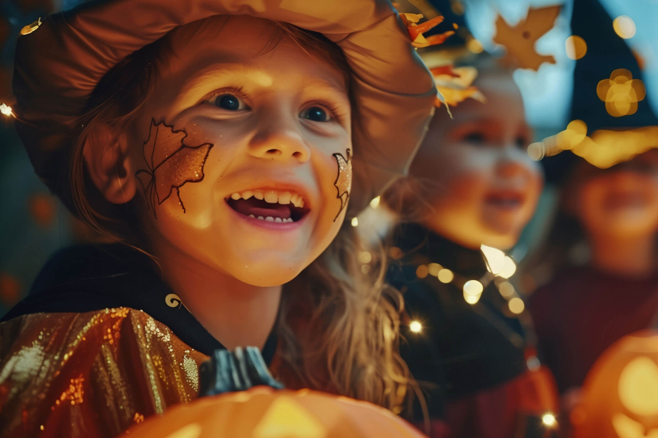 Lächelndes Kind mit Hexenhut und Blattschminke, das einen Kürbis bei einer festlichen Halloween-Veranstaltung hält. - Hotel Fameli